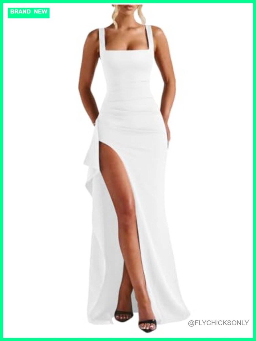 LAGSHIAN Women Square Neck Sleeveless Bodycon High Split Long Formal Maxi Dress
